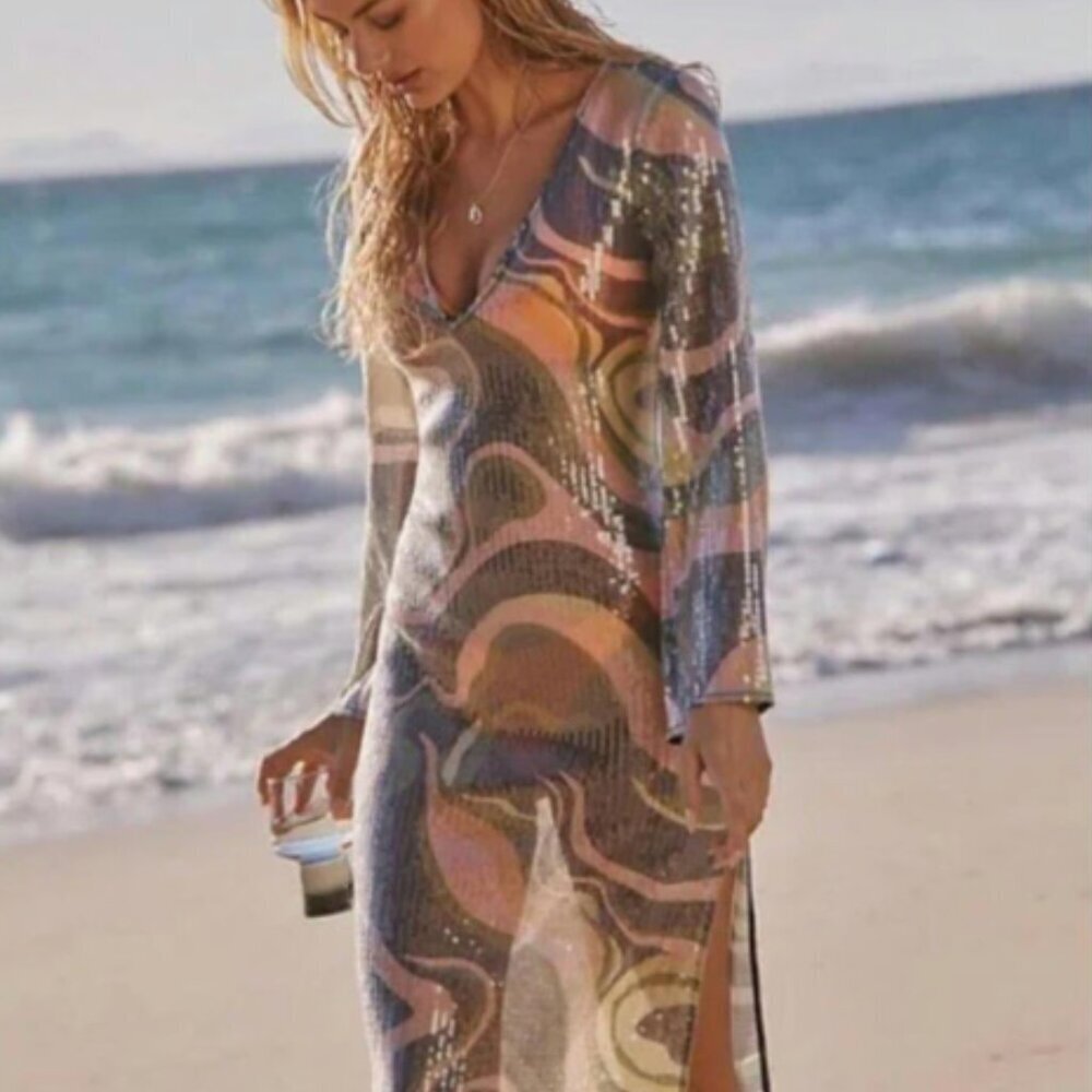 NWT HUTCH x Anthropologie McRae Boho Sequin Bell Sleeve Cover Up Dress XS $188